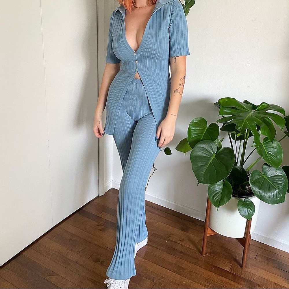 The Line by K Blue Ribbed Polo Shirt and Flared Pant Set